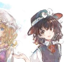  2girls black_hat black_vest blonde_hair blue_eyes blush bow bowtie brown_eyes brown_hair closed_mouth commentary dress hair_bow hat hat_bow long_hair looking_to_the_side maribel_hearn medium_hair mob_cap multiple_girls neck_ribbon pinafore_dress purple_dress red_bow red_bowtie red_ribbon ribbon shirt short_sleeves sleeveless sleeveless_dress touhou usami_renko uwazumi vest white_background white_bow white_hat white_shirt 