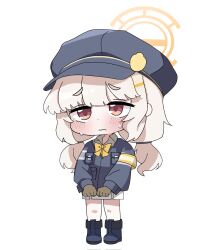  1girl aoba_(blue_archive) armband black_hat blonde_hair blue_archive blush bow bowtie chibi commentary_request fluffy_hair gloves halo hat highres jacket korean_commentary long_hair long_sleeves low_twintails newsboy_cap orange_halo red_eyes saewoocho_bab simple_background solo sweat twintails white_background yellow_armband yellow_bow yellow_bowtie 