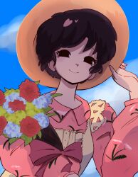  1girl black_eyes black_hair blue_sky bouquet closed_mouth dress flower hand_on_own_hat highres holding holding_bouquet looking_at_viewer mychi_drawings pink_dress ranma_1/2 red_flower short_hair sky smile solo split_mouth tendou_akane white_flower yellow_flower 