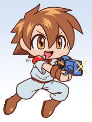  1boy belt boots brown_boots brown_eyes brown_gloves brown_hair chibi dynamic_pose gloves gun gunstar_heroes gunstar_red hair_between_eyes holding holding_gun holding_weapon male_focus pants parted_bangs red_belt red_shirt red_trim rubisapa79 shirt short_hair smiley_face spiky_hair weapon white_pants white_shirt 