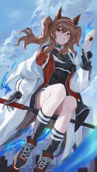  1girl absurdres angelina_(arknights) animal_ears arknights bird black_gloves black_shirt black_shoes black_shorts black_socks blue_sky blush brown_hair building chromatic_aberration city cityscape clouds coat cola-alter day double-parted_bangs earpiece floating_clothes floating_hair fox_ears fox_girl full_body gloves grin hair_between_eyes hairband high_up highres holding holding_letter holding_staff infection_monitor_(arknights) jacket kneehighs letter long_hair long_sleeves looking_to_the_side material_growth multicolored_hairband off_shoulder open_clothes open_coat open_jacket orange_eyes originium_arts_(arknights) oripathy_lesion_(arknights) outdoors red_hairband red_jacket shirt shoes short_shorts shorts sky skyscraper smile sneakers socks solo staff staff_riding striped_clothes striped_hairband twintails two-tone_hairband unzipped white_coat 