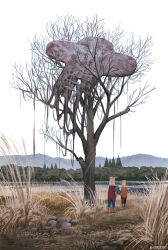  2others ambiguous_gender clear_sky covered_face day highres monokubo mountainous_horizon multiple_others orange_shirt original outdoors red_shirt rock scenery shirt sky standing surreal tree twitter_username very_wide_shot 