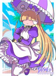  1girl android apron artist_name back_bow belt_collar black_collar blonde_hair border bow closed_mouth collar commentary_request covered_eyes day dress foot_out_of_frame frilled_umbrella frills hair_over_eyes highres holding holding_umbrella juliet_sleeves long_hair long_sleeves maid maid_headdress mary_janes outdoors outside_border puffy_sleeves purple_dress purple_shoes purple_umbrella robot_ears shisui shoes smile solo standing standing_on_one_leg tesse thigh-highs umbrella very_long_hair waku_waku_7 white_apron white_border white_bow white_thighhighs 