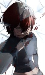  1boy 1girl black_bodysuit blood blood_on_face blood_splatter bodysuit cowboy_shot crack cracked_glass highres holostars holostars_english looking_at_viewer machina_x_flayon male_focus midriff_peek periwiink red_eyes red_hair short_hair simple_background skin_tight solo virtual_youtuber white_background 