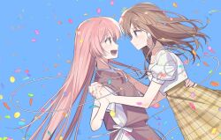  2girls bang_dream! bang_dream!_it's_mygo!!!!! blue_eyes blush brown_hair brown_skirt brown_sweater_vest cable chihaya_anon closed_mouth commentary confetti earphones eye_contact fang grey_eyes holding_hands interlocked_fingers long_hair looking_at_another multiple_girls nagasaki_soyo open_mouth pink_hair plaid_clothes plaid_skirt puffy_short_sleeves puffy_sleeves shared_earphones shirt short_sleeves simple_background skirt sweater_vest untranslatable_commentary white_shirt yojeong_dimseom yuri 