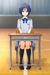  1girl 22/7 antenna_hair black_hair black_socks blue_bow blue_bowtie blue_dress blurry boku_wa_sonzai_shiteinakatta bow bowtie brown_eyes brown_shoes bxtbsy7q76gxh73 chair collared_dress depth_of_field desk dress emblem expressionless full_body highres indoors kneehighs loafers looking_at_viewer on_chair parted_lips pleated_dress school_chair school_desk school_gym shoes short_hair short_sleeves sitting socks solo straight-on takigawa_miu 