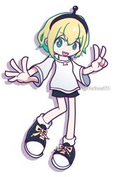  1girl :d absurdres amano_pikamee amano_pikamee_(1st_costume) antennae aqua_camisole aqua_eyes aqua_hair bare_shoulders bilingual_commentary black_hairband black_shoes black_shorts blonde_hair bright_pupils camisole collarbone colored_inner_hair commentary dot_nose drop_shadow english_commentary full_body furiousth hair_between_eyes hairband hand_up highres looking_at_viewer mixed-language_commentary multicolored_hair off-shoulder_shirt off_shoulder open_hand open_mouth outstretched_arm parody pigeon-toed puyopuyo sharp_teeth shirt shoelaces shoes short_hair short_shorts short_sleeves shorts simple_background smile sneakers solo spread_fingers standing style_parody takenami_hideyuki_(style) teeth twitter_username two-tone_hair upper_teeth_only v v-shaped_eyebrows virtual_youtuber voms white_background white_pupils white_shirt wide_sleeves 