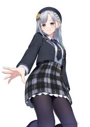  1girl asumi_ririse black_jacket black_necktie black_pantyhose blush commentary_request green_eyes grey_eyes hat highres jacket kneehighs long_hair looking_at_viewer m->g necktie pantyhose school_uniform shirt simple_background skirt smile socks solo voicepeak white_background white_shirt 