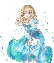  1girl :d absurdres alternate_costume blonde_hair blue_dress blue_eyes blue_ribbon blush collarbone dress floating_clothes hand_in_own_hair hat hat_ribbon highres holding holding_unworn_clothes holding_unworn_hat leaning_forward long_dress long_hair long_sleeves maribel_hearn mob_cap neck_ribbon one-hour_drawing_challenge open_mouth petals puffy_long_sleeves puffy_sleeves ribbon smile solo standing strap touhou unworn_hat unworn_headwear uwazumi white_background white_hat 