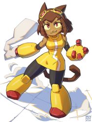  1girl absurdres animal_ears arm_cannon black_pants breasts brown_hair brush_rush cat_ears cat_girl cat_tail dress furry furry_female gameoverse gauntlets goggles goggles_on_head highres kit_(gameoverse) official_style pants red_eyes short_hair sleeveless smile smirk solo tail weapon whiskers yellow_dress yellow_gauntlets 