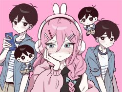  1boy 1girl :< alternate_costume animal_ear_headphones animal_ears antenna_hair aubrey_(birthday)_(omori) aubrey_(faraway)_(omori) aubrey_(omori) blue_bow blue_eyes blue_jacket blue_nails blush bow braid bright_pupils brown_pants cardigan character_name character_sticker chibi closed_mouth collarbone collared_jacket commentary_request double-parted_bangs fake_animal_ears hair_between_eyes hair_bow hair_ornament hairclip handheld_game_console headphones hector_(omori) highres holding holding_handheld_game_console jacket korean_commentary long_hair long_sleeves looking_at_viewer low_twin_braids multicolored_nails official_alternate_costume official_alternate_hairstyle omori open_clothes open_jacket open_mouth pants parallel_hairclips pink_background pink_cardigan pink_hair pink_nails rabbit_ear_headphones rabbit_ears shirt short-sleeved_jacket short_hair short_sleeves sidelocks simple_background sticker sunny_(birthday)_(omori) sunny_(omori) sweatdrop t-shirt twin_braids white_pupils white_shirt wktdms1 