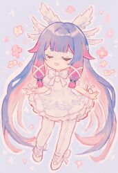  1girl blush bow chibi closed_eyes columbina_(genshin_impact) dress eye_mask flower frilled_dress frills full_body genshin_impact hair_ornament happy highres long_hair lostinartmix mask multicolored_hair pantyhose ribbon smile solo two-tone_hair white_dress white_headdress white_pantyhose wing_hair_ornament wings wrist_bow 