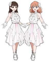  2girls 6th_live_dream_~bloom_garden_party~ :d animification bare_shoulders blue_eyes blush breasts brown_hair commentary_request dress flower_stand_art frilled_gloves frills full_body gloves highres hinoshita_kaho large_breasts link_to_the_future_(love_live!) liz_(piyoko_piyop) looking_at_viewer love_live! love_live!_hasu_no_sora_jogakuin_school_idol_club medium_dress multiple_girls nirei_nozomi open_mouth orange_hair pink_dress real_life shoes simple_background sleeveless sleeveless_dress smile socks unfinished virtual_youtuber voice_actor voice_actor_connection white_background white_gloves white_shoes white_socks 
