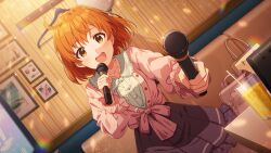  1girl :d ahoge bag black_skirt card_commentary commentary_request cup drink drinking_glass dutch_angle game_asset holding holding_microphone idolmaster idolmaster_million_live! idolmaster_million_live!_theater_days indoors karaoke karaoke_box long_sleeves looking_at_viewer microphone official_alternate_costume official_alternate_hairstyle official_art open_mouth orange_hair pink_shirt pleated_skirt shirt shopping_bag short_hair skirt smile solo third-party_source yabuki_kana yellow_eyes 