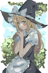  1girl apron artist_name black_hat black_skirt black_vest blonde_hair blue_sky blush bow braid closed_mouth commentary_request day hair_bow hat hat_bow highres jyazo_pic kirisame_marisa long_hair looking_at_viewer one-hour_drawing_challenge outdoors own_hands_together puffy_short_sleeves puffy_sleeves short_sleeves side_braid single_braid skirt sky solo touhou very_long_hair vest waist_apron white_apron white_bow witch_hat yellow_eyes 