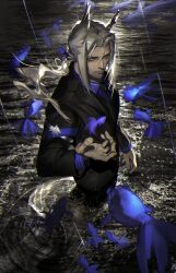  1boy absurdres arknights backlighting black_jacket black_necktie black_pants black_suit blue_ribbon blue_shirt closed_mouth collared_shirt commentary facial_hair fish flying_fish goatee grey_hair hand_up head_wings hellagur_(arknights) highres jacket looking_at_viewer lucas_(lee37124) male_focus mature_male medium_hair mustache necktie ocean old old_man outdoors pants parted_bangs ponytail rain ribbon shirt solo suit suit_jacket wading wings yellow_eyes 