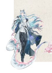  1girl absurdres arknights black_pants black_shoes blue_hair closed_mouth coat dragon_boy dragon_horns floating_hair full_body highres holding holding_sword holding_weapon horns jacket lin_qing_(phosphorus_1104) long_hair long_sleeves looking_at_viewer multicolored_hair open_clothes open_coat pants pointy_ears shirt shoes solo streaked_hair sword tail very_long_hair weapon white_coat white_shirt yi_(arknights) 