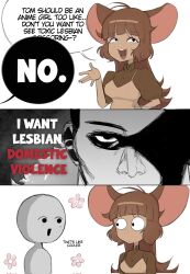 1girl 1other animal_ears brown_hair brown_shirt collared_shirt colored_skin corrupted_twitter_file dark-skinned_female dark_skin english_commentary english_text genderswap genderswap_(mtf) grey_skin highres humanization invincible_(series) jerry_(tom_and_jerry) long_hair looking_at_viewer morgzkun mouse_ears mouse_girl shirt teeth thragg_(invincible) tom_and_jerry tongue twitter_username upper_teeth_only