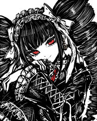  1girl black_hair black_jacket black_nails bonnet celestia_ludenberg commentary_request danganronpa:_trigger_happy_havoc danganronpa_(series) drill_hair earrings frills gothic_lolita highres jacket jewelry lolita_fashion long_hair long_sleeves looking_at_viewer nail_polish necktie red_eyes red_necktie smile solo tsukihi_shida twin_drills twintails upper_body 
