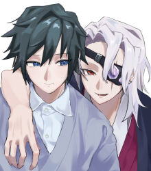  2boys absurdres black_hair buttons closed_mouth collared_shirt eyepatch highres japanese_clothes kimetsu_no_yaiba kimono looking_to_the_side lower_teeth_only male_focus medium_hair multiple_boys one_eye_covered parted_lips sekiillust shirt short_hair simple_background smile spiky_hair teeth tomioka_giyuu upper_body uzui_tengen white_background white_hair white_shirt 