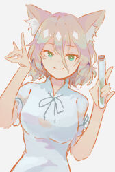  1girl alternate_eye_color animal_ear_fluff animal_ears blonde_hair breasts bright_pupils closed_mouth commentary_request corked_bottle dutch_angle fox_ears fox_girl fox_shadow_puppet green_eyes green_ribbon hair_between_eyes hands_up highres hinataku1222 holding holding_test_tube kudamaki_tsukasa long_hair_between_eyes looking_at_viewer medium_breasts one-hour_drawing_challenge ribbon romper short_hair short_sleeves simple_background sleeve_ribbon smile solo straight-on test_tube touhou upper_body white_background white_pupils white_romper 