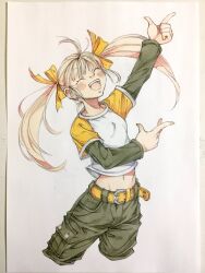  1girl ^_^ arm_up belt belt_buckle black_pants black_shirt blonde_hair bow brown_belt buckle closed_eyes commentary_request cropped_legs hair_bow happy highres layered_sleeves long_hair long_sleeves midriff navel open_mouth orange_bow orange_shirt original pants peter_salt raglan_sleeves shirt short_over_long_sleeves short_sleeves smile solo standing teeth traditional_media twintails upper_teeth_only white_background 