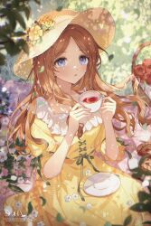  1girl apple bang_dream! bang_dream!_it's_mygo!!!!! basket blue_eyes brown_hair commentary_request cup dappled_sunlight dress food fruit green_ribbon hat highres holding holding_cup korean_commentary long_hair nagasaki_soyo open_mouth ribbon soha_blan solo sun_hat sunlight yellow_dress 