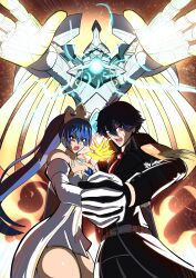  1boy 1girl absurdres bare_shoulders black_coat black_gloves black_hair blue_hair coat combined_attack commission cowboy_shot crown detached_sleeves double-parted_bangs dress eiyuu_densetsu elbow_gloves energy_ball english_commentary epaulettes floating_hair g_gundam gloves glowing glowing_eyes glowing_hands gundam hair_between_eyes high_collar high_ponytail highres holding_hands interlocked_fingers james_(sirjames079) jewelry laura_s._arseid long_hair mecha necklace necktie open_mouth ponytail puffy_sleeves rean_schwarzer red_necktie robot sekiha_love-love_tenkyoken sen_no_kiseki_(series) sen_no_kiseki_iv short_hair shouting sunburst sunburst_background super_robot symmetrical_hand_pose teardrop_necklace trench_coat tsurime v-shaped_eyebrows valimar very_long_hair violet_eyes wedding_dress white_dress white_gloves yellow_eyes 