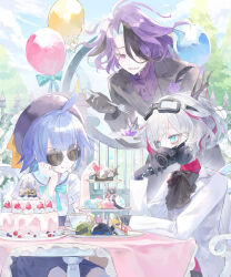  1boy 2girls ahoge alternate_costume arm_on_table balloon barbaros_(shadowverse) black_bow black_bowtie black_gloves black_hat black_streaks black_suit blue_bow blue_bowtie blue_eyes blue_hair bow bowtie cake commentary_request croma_mhach fence food fork gas_mask gloves goggles goggles_on_head hand_on_own_face hat highres holding holding_food holding_fork horns iron_fence istyndet_(shadowverse) leaning_forward long_bangs long_hair looking_at_viewer mask medium_hair multicolored_hair multiple_girls necktie open_mouth parted_bangs purple_hair purple_necktie purple_shirt red_shirt red_streaks round_eyewear sephie_(shadowverse) shadowverse shirt short_hair sitting smile streaked_hair suit table tongue tongue_out violet_eyes white_hair white_suit yellow_eyes 