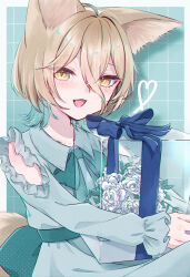  1girl absurdres alternate_costume animal_ear_fluff animal_ears arm_cutout back_bow blonde_hair blush border bouquet bow clothing_cutout collarbone collared_dress commentary_request dress fang flower fox_ears fox_girl fox_tail frilled_dress frills gift green_background green_bow green_dress green_ribbon grid_background hair_between_eyes heart highres holding holding_gift kudamaki_tsukasa long_hair_between_eyes long_sleeves looking_at_viewer medium_hair mizore_arius open_mouth outside_border ribbon rose short_hair sitting skin_fang slit_pupils smile solo tail touhou white_border white_flower white_rose yellow_eyes 