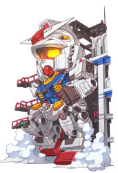  commentary_request full_body glowing glowing_eyes gundam highres mecha mobile_suit mobile_suit_gundam no_humans robot rx-78-2_gundam sd_gundam solo steam susagane v-fin walking yellow_eyes 