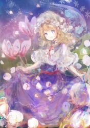 1girl :d background_request blonde_hair blue_eyes blush clothing_request commentary hat highres holding_own_skirt long_hair maribel_hearn mob_cap neck_ribbon open_mouth puffy_short_sleeves puffy_sleeves purple_skirt red_ribbon red_sash ribbon sash shirt short_sleeves skirt smile snowflake_print snowflakes solo touhou uwazumi white_hat white_shirt 