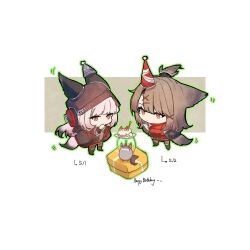  2girls animal_ears arknights beanie behind-the-head_headphones birthday_connection black_hat black_jacket black_shoes box brown_hair cake chibi clothes_writing cutter_(arknights) ears_through_headwear food fox_ears fox_girl fox_tail frostleaf_(arknights) gift gift_box grey_hair hair_ornament hairclip haki_penguin happy_birthday hat hat_over_one_ear headphones highres implied_extra_ears jacket long_hair mini_hat multiple_girls red_eyes red_shirt shirt shoes tail topknot x_hair_ornament 