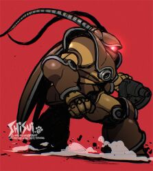  antennae artist_name clenched_hand commentary_request debris dr._slump dust_cloud from_side full_body glowing glowing_eye gun holding holding_gun holding_weapon insect_wings legs_apart mecha mecha_focus no_humans one-eyed_mecha red_background red_eyes ribugigo robot shisui simple_background sketch solo standing weapon wings 
