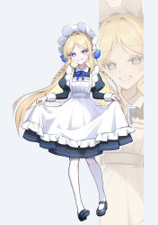  1girl alternate_costume apron black_dress black_shoes blonde_hair blue_eyes breasts cartethyia_(wuthering_waves) commentary dress english_commentary enmaided grin highres juliet_sleeves long_hair long_sleeves looking_at_viewer maid maid_headdress pantyhose parted_bangs pointy_ears pong_(vndn124) puffy_sleeves shoes sidelocks small_breasts smile tacet_mark_(wuthering_waves) white_pantyhose wuthering_waves 