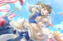  1girl :d ascot blue_ascot blue_hat blue_sky blue_vest braid brown_hair center-flap_bangs clouds day elbow_gloves falling_petals feathers feet_out_of_frame frilled_skirt frilled_sleeves frills game_asset gloves hana_sakeba_yume_kakeru hat hat_feather headset highres jacket kachimachi_kosuzu long_hair looking_at_viewer love_live! love_live!_hasu_no_sora_jogakuin_school_idol_club love_live!_hasu_no_sora_jogakuin_school_idol_club_bloom_garden_party non-web_source official_art open_clothes open_jacket open_mouth outdoors pantyhose petals pink_eyes pointing pointing_at_self pointing_with_thumb puffy_short_sleeves puffy_sleeves red_petals self-datamine short-sleeved_jacket short_sleeves side_braids skirt sky smile solo teeth upper_teeth_only vest virtual_youtuber white_feathers white_gloves white_jacket white_pantyhose white_petals white_skirt 