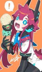  1girl blue_eyes cheri_zao commentary_request cowboy_shot dress headgear highres holding holding_ice_cream_cone ice_cream_cone long_hair medibang_paint_(medium) open_mouth orange_background original red_hair simple_background solo white_dress 