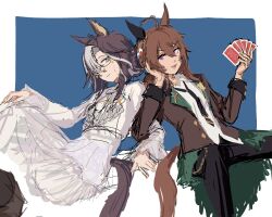  2girls ahoge animal_ears ascot black_necktie black_pants blue_eyes bow brown_hair brown_jacket buttoned_cuffs buttons card cereu57 chain collared_shirt dream_journey_(snow-white_dreamland)_(umamusume) dream_journey_(umamusume) dreamcatcher dress ear_covers ear_ornament earrings eyewear_strap feather_earrings feathers frilled_dress frills glasses gold_buttons gold_chain grey_hair hair_between_eyes hair_bun hand_on_own_knee holding holding_card holly horse_ears horse_tail invisible_chair jacket jewelry lace-trimmed_sleeves lace_trim locked_arms loose_necktie manspreading multicolored_hair multiple_girls nail_polish nakayama_festa_(festival_game)_(umamusume) nakayama_festa_(umamusume) necktie pants playing_card ponytail shirt simple_background single_ear_cover single_hair_intake sitting sketch streaked_hair tail umamusume untucked_shirt violet_eyes white_ascot white_bow white_dress white_hair white_streaks yellow_nails 