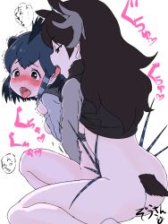  2girls absurdres animal_ears antlers ass black_hair blush bottomless breasts brown_hair clothes_lift crested_porcupine_(kemono_friends) extra_ears fingering heart heart-shaped_pupils highres horns implied_fingering kemono_friends licking licking_ear long_hair masuyama_ryou moose_(kemono_friends) moose_ears multiple_girls open_mouth saliva short_hair symbol-shaped_pupils tail tears tongue tongue_out trembling uncommon_stimulation white_background yuri 