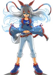  1girl animal_ears belt blue_boots blue_eyes blue_hairband blue_jacket blue_sports_bra boots breasts collarbone crossed_arms ear_covers full_body grey_hair grey_tail grin hair_between_eyes hairband headband highres horse_ears horse_girl horse_tail jacket lightning_bolt_print lightning_bolt_symbol long_hair long_sleeves midriff multicolored_hairband navel open_mouth pants red_belt red_headband simple_background small_breasts smile sports_bra standing striped_clothes striped_hairband tail tamamo_cross_(fast_as_lightning)_(umamusume) tamamo_cross_(umamusume) teeth two-tone_hairband umamusume very_long_hair white_background white_pants zukki_(bijitaru) 