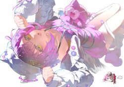  1girl animal_hat cat_hat chest_harness chibi chibi_inset commentary_request fang hair_ornament hairclip harness hat highres looking_at_viewer loose_socks mizu_(sui) open_mouth paw_pose purple_hair purple_shirt shinomiya_runa shinomiya_runa_(4th_costume) shirt skin_fang socks solo stuffed_animal stuffed_toy sweater t-shirt upside-down virtual_youtuber vspo! white_background white_hat white_sweater x_hair_ornament yellow_eyes 