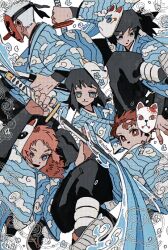  1girl 4boys black_hair black_pants blue_eyes blue_kimono bright_pupils closed_mouth cloud_print commentary_request fox_mask highres holding holding_sword holding_weapon japanese_clothes kamado_tanjirou katana kimetsu_no_yaiba kimono long_hair looking_at_viewer makomo_(kimetsu) mask multiple_boys open_mouth orange_hair pants parted_lips print_kimono sabito_(kimetsu) short_hair smile spiky_hair sword tengu_mask tomioka_giyuu urokodaki_sakonji weapon white_hair white_pupils zelzmd 