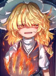  1girl absurdres apron black_hat black_skirt black_vest blonde_hair bow braid commentary_request fire hair_bow hat highres kirisame_marisa long_hair looking_at_viewer marisa_day open_mouth puffy_short_sleeves puffy_sleeves pyrokinesis rain short_sleeves side_braid single_braid skirt smile solo tigern touhou vest waist_apron white_apron witch_hat yellow_eyes 