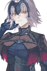  1girl armor black_armor black_gloves blue_dress breasts brown_capelet capelet chain closed_mouth commentary dress fate/grand_order fate_(series) gloves grey_hair hair_between_eyes hand_up headpiece highres holding_own_hair jeanne_d'arc_alter_(avenger)_(fate) jeanne_d'arc_alter_(fate) large_breasts looking_at_viewer me_me_korin short_hair simple_background smile solo untranslatable_commentary upper_body white_background yellow_eyes 