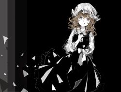  1girl alternate_color black_background black_dress black_sash blonde_hair blush bow dress english_commentary frilled_dress frills grey_eyes hand_on_own_chest hat long_hair long_sleeves maribel_hearn mob_cap neck_ribbon open_mouth pinafore_dress ribbon sash shirt sleeveless sleeveless_dress solo touhou uwazumi waist_bow white_bow white_hat white_ribbon white_shirt 