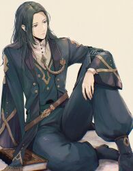  1boy aiguillette belt black_pants blue_eyes brown_belt closed_mouth coat commentary_request elbow_on_knee fire_emblem fire_emblem:_three_houses gem green_gem green_hair grey_coat hair_behind_ear linhardt_von_hevring linhardt_von_hevring_(timeskip) long_hair long_sleeves looking_to_the_side male_focus open_clothes open_coat pants shoes sideways_glance signature simple_background sitting sleepyboy1007 solo vest 