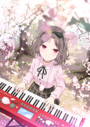  1girl absurdres arpeggio_art black_bow black_hairband black_ribbon blush bow brown_skirt cherry_blossoms choker closed_mouth commentary ebizuka_tomo falling_petals frilled_shirt frills girls_band_cry grey_hair hair_bow hairband highres instrument_request lace lace_choker long_sleeves looking_at_viewer neck_ribbon petals pink_shirt plaid_clothes plaid_skirt red_eyes ribbon shirt short_hair skirt solo 