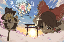  >_< +++ 3girls :d ;d apron black_skirt black_vest blonde_hair blue_bow blue_dress blue_hair blue_sky blush_stickers bow braid broom broom_riding brown_eyes brown_hair cirno clouds commentary day detached_sleeves detached_wings dress frilled_bow frilled_hair_tubes frilled_skirt frills hair_bow hair_tubes hakurei_reimu hat hat_bow heart heart_in_mouth highres ice ice_wings kirisame_marisa long_hair mangpum_(taro109210) multiple_girls one_eye_closed open_mouth outdoors pinafore_dress puffy_short_sleeves puffy_sleeves red_bow ribbon-trimmed_sleeves ribbon_trim short_sleeves side_braid single_braid skirt sky sleeveless sleeveless_dress smile torii touhou vest waist_apron white_bow wings witch_hat 