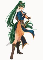  1girl animal_ears animated animated_gif artist_name blue_dress boots brown_boots brown_gloves china_dress chinese_clothes dress ear_covers english_commentary facing_to_the_side fingerless_gloves fingernails fire_emblem fire_emblem:_the_blazing_blade fire_emblem_shadows full_body fur_trim gloves green_eyes green_hair hand_on_hilt high_ponytail highres holding holding_sword holding_weapon horse_ears horse_girl long_hair looking_back looping_animation lyn_(fire_emblem) lyn_(plains_wind)_(fire_emblem) official_alternate_costume pelvic_curtain pink_trim ponytail side_slit simple_background solo sparkle sword tail very_long_hair weapon white_background yancadoodles yellow_trim 