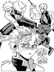  1boy chibi commentary_request demon_slayer_uniform greyscale hair_between_eyes high_collar highres holding holding_sword holding_weapon jacket katana kimetsu_no_yaiba legs_apart looking_at_viewer male_focus monochrome multiple_views open_clothes open_jacket parted_lips profile scar scar_on_cheek scar_on_face shinazugawa_sanemi spiky_hair sword upper_body weapon zelzmd 